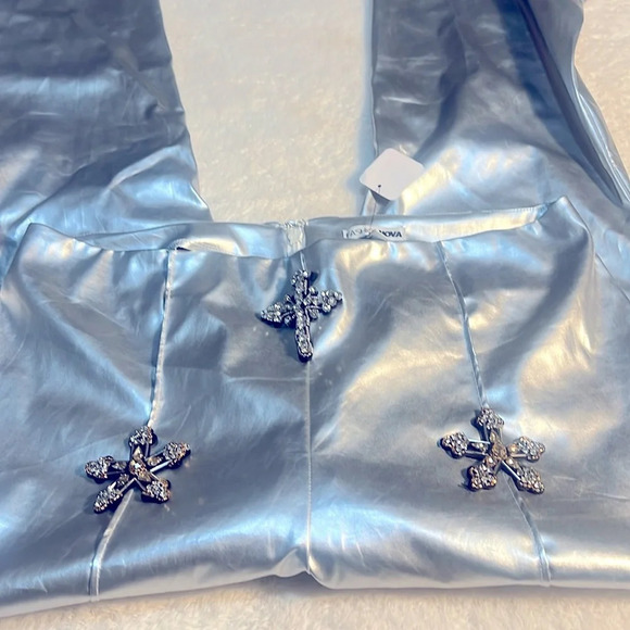 NWT Fashion NOVA Silver Faux Leather Flare Silver Pants w/ Rhinestone Crosses - Picture 14 of 16
